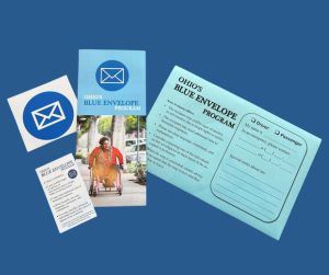 Blue Envelope Program kit includes envelope, car decal, wallet card and brohure.